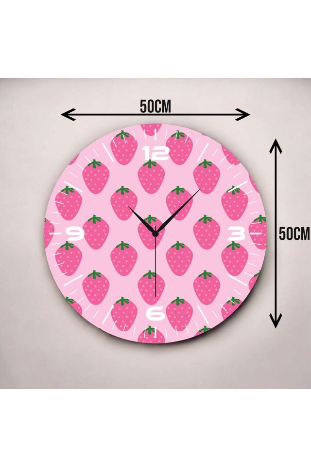 Pembe Renkli Baskı Çilek Desenli Sayılı Hediyelik Ahşap Sessiz Duvar Saati 50cm