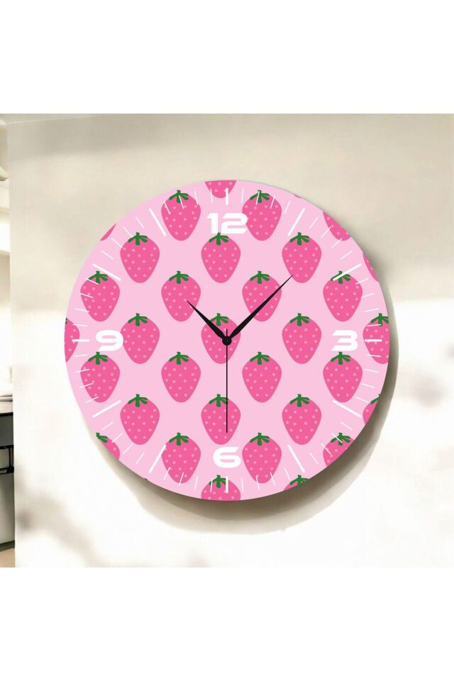 Pembe Renkli Baskı Çilek Desenli Sayılı Hediyelik Ahşap Sessiz Duvar Saati 50cm