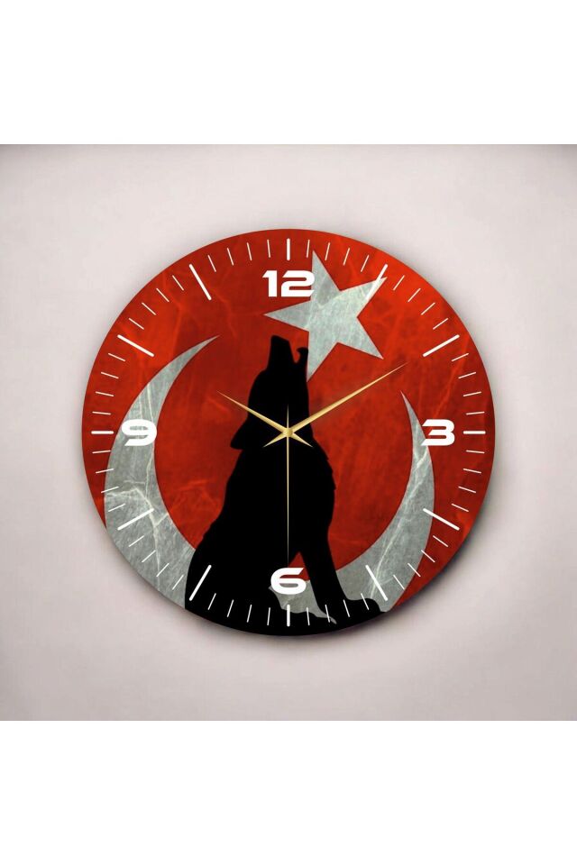 Renkli Baskı Türk Bayrağı Bozkurt Desenli Sayılı Hediyelik Ahşap Sessiz Duvar Saati 50cm