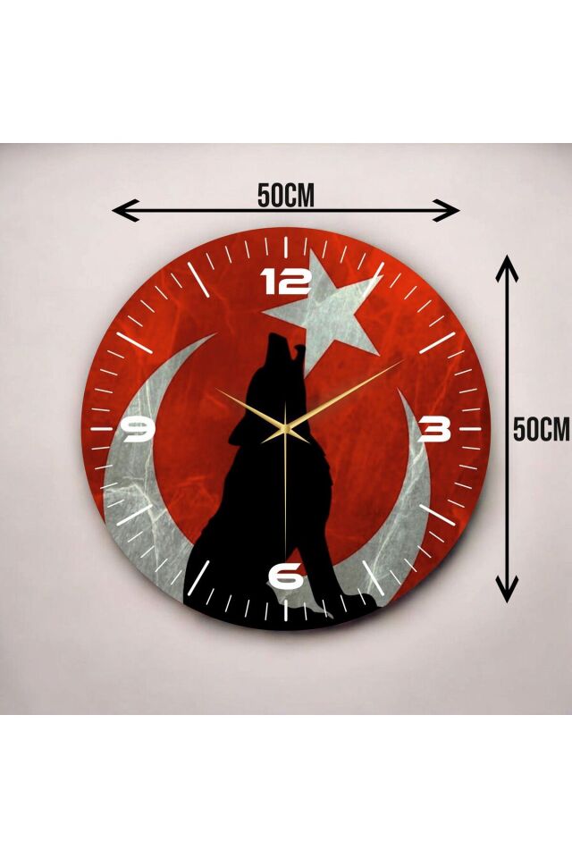 Renkli Baskı Türk Bayrağı Bozkurt Desenli Sayılı Hediyelik Ahşap Sessiz Duvar Saati 50cm
