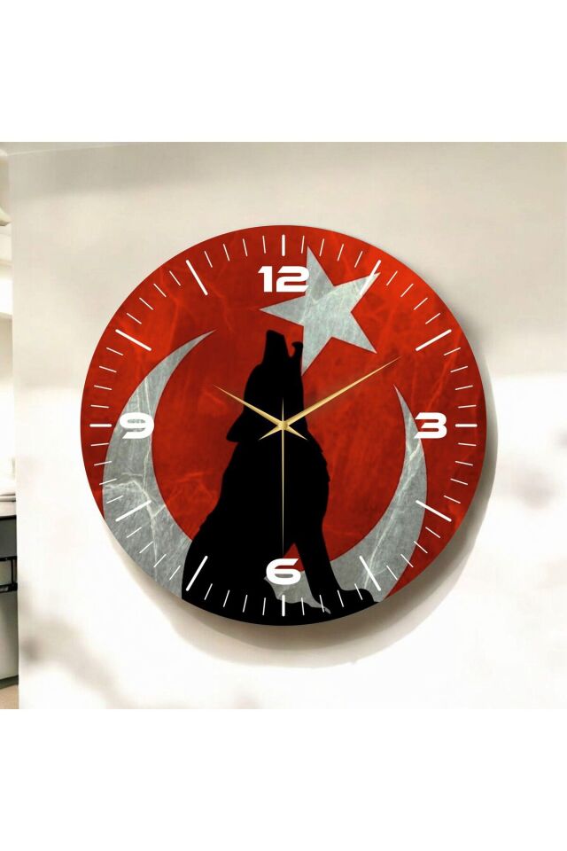 Renkli Baskı Türk Bayrağı Bozkurt Desenli Sayılı Hediyelik Ahşap Sessiz Duvar Saati 50cm