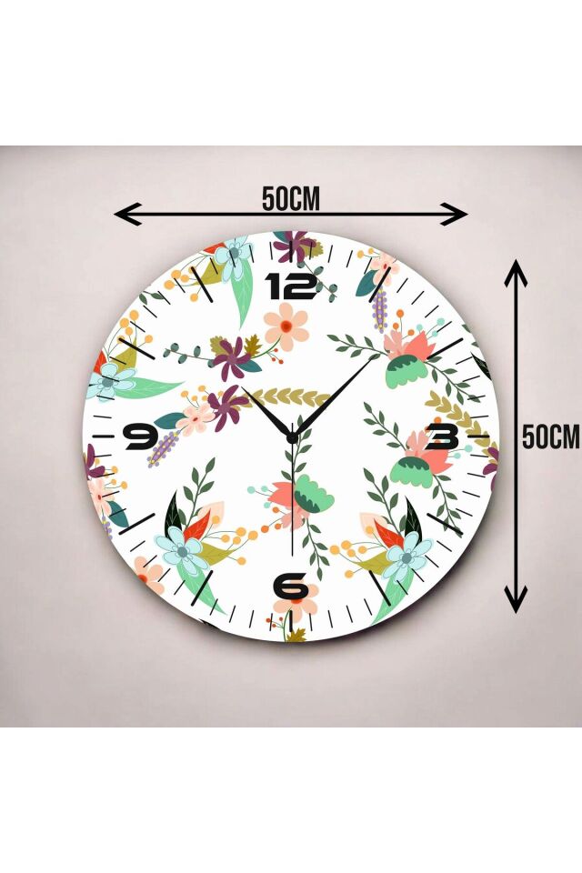 Beyaz Renkli Baskı Çiçek Desenli Sayılı Hediyelik Ahşap Sessiz Duvar Saati 50cm