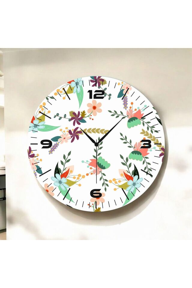 Beyaz Renkli Baskı Çiçek Desenli Sayılı Hediyelik Ahşap Sessiz Duvar Saati 50cm
