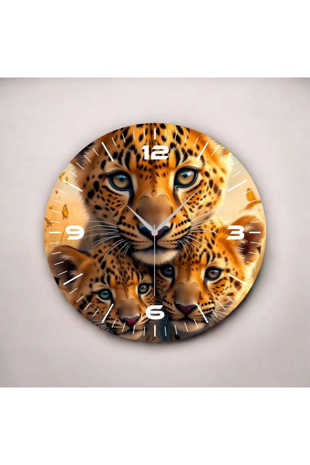 Renkli Baskı Leopar Yavrusu Desenli Sayılı Hediyelik Ahşap Sessiz Duvar Saati 50cm