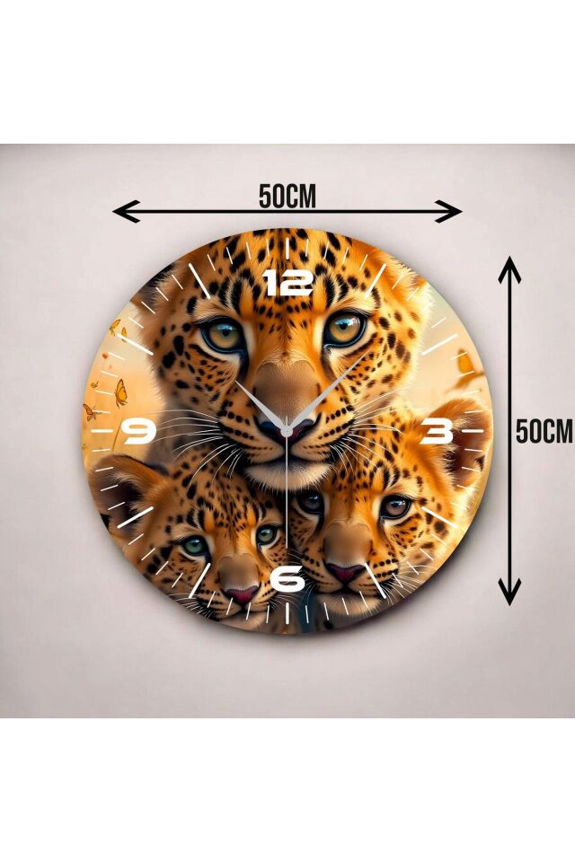 Renkli Baskı Leopar Yavrusu Desenli Sayılı Hediyelik Ahşap Sessiz Duvar Saati 50cm