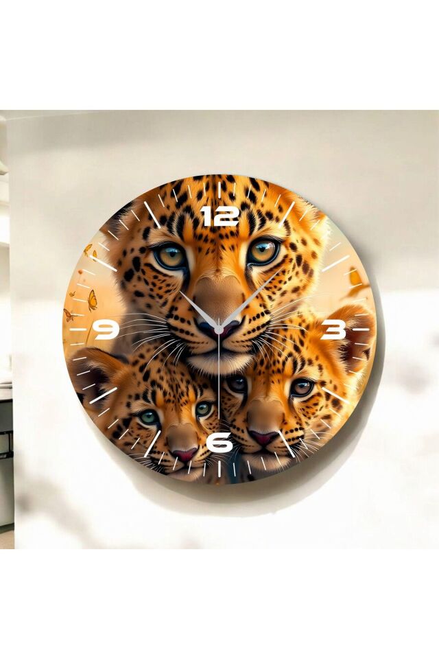 Renkli Baskı Leopar Yavrusu Desenli Sayılı Hediyelik Ahşap Sessiz Duvar Saati 50cm