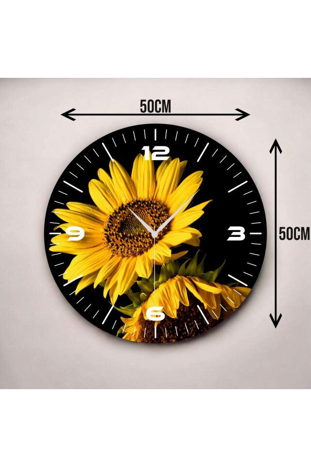 Renkli Baskı Ayçiçek Desenli Sayılı Hediyelik Ahşap Sessiz Duvar Saati 50cm