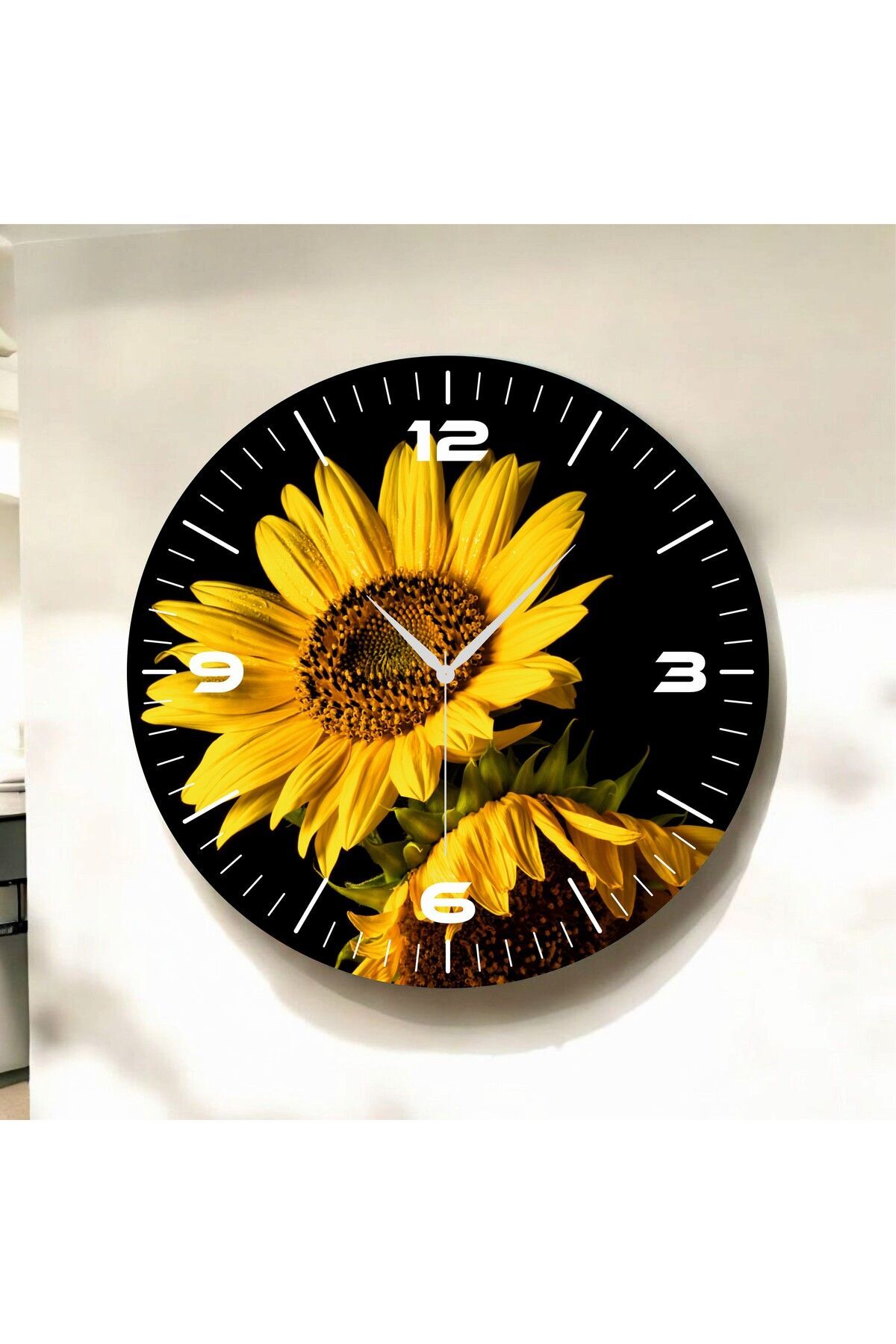Renkli Baskı Ayçiçek Desenli Sayılı Hediyelik Ahşap Sessiz Duvar Saati 50cm