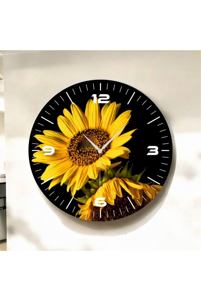 Renkli Baskı Ayçiçek Desenli Sayılı Hediyelik Ahşap Sessiz Duvar Saati 50cm