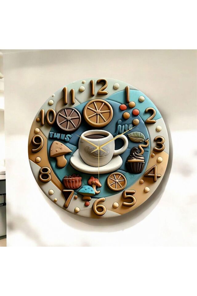 Renkli Baskı Kahve Desenli Sayılı Hediyelik Ahşap Sessiz Duvar Saati 50cm