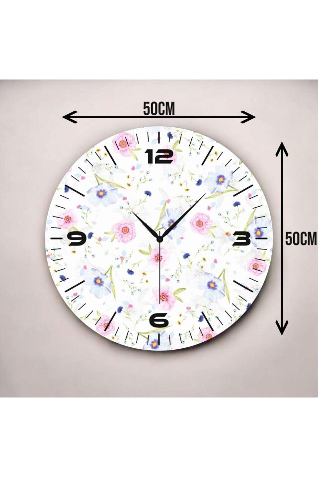 Renkli Baskı Çiçek Desenli Sayılı Hediyelik Ahşap Sessiz Duvar Saati 50cm