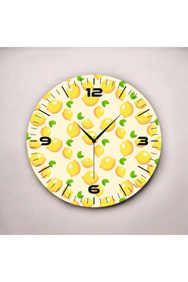 Sarı Renkli Baskı Limon Desenli Sayılı Hediyelik Ahşap Sessiz Duvar Saati 50cm