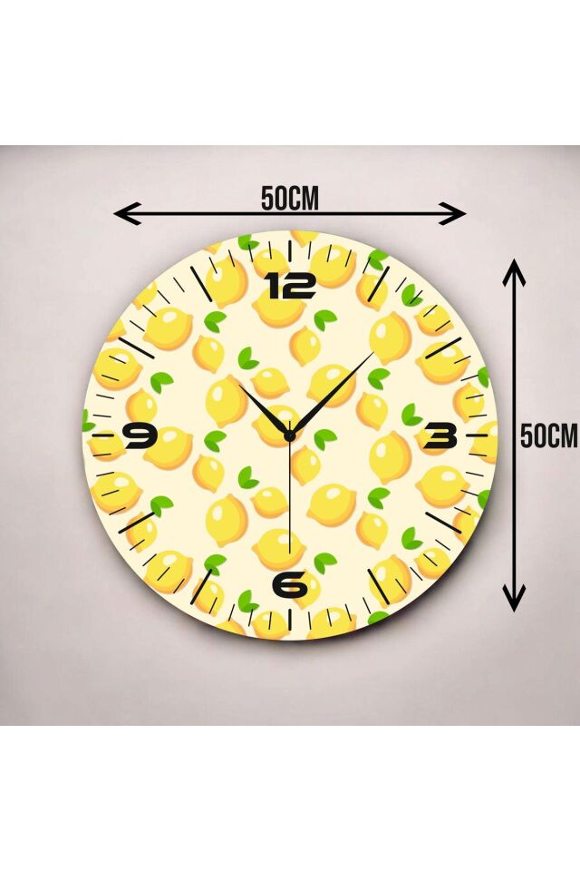 Sarı Renkli Baskı Limon Desenli Sayılı Hediyelik Ahşap Sessiz Duvar Saati 50cm