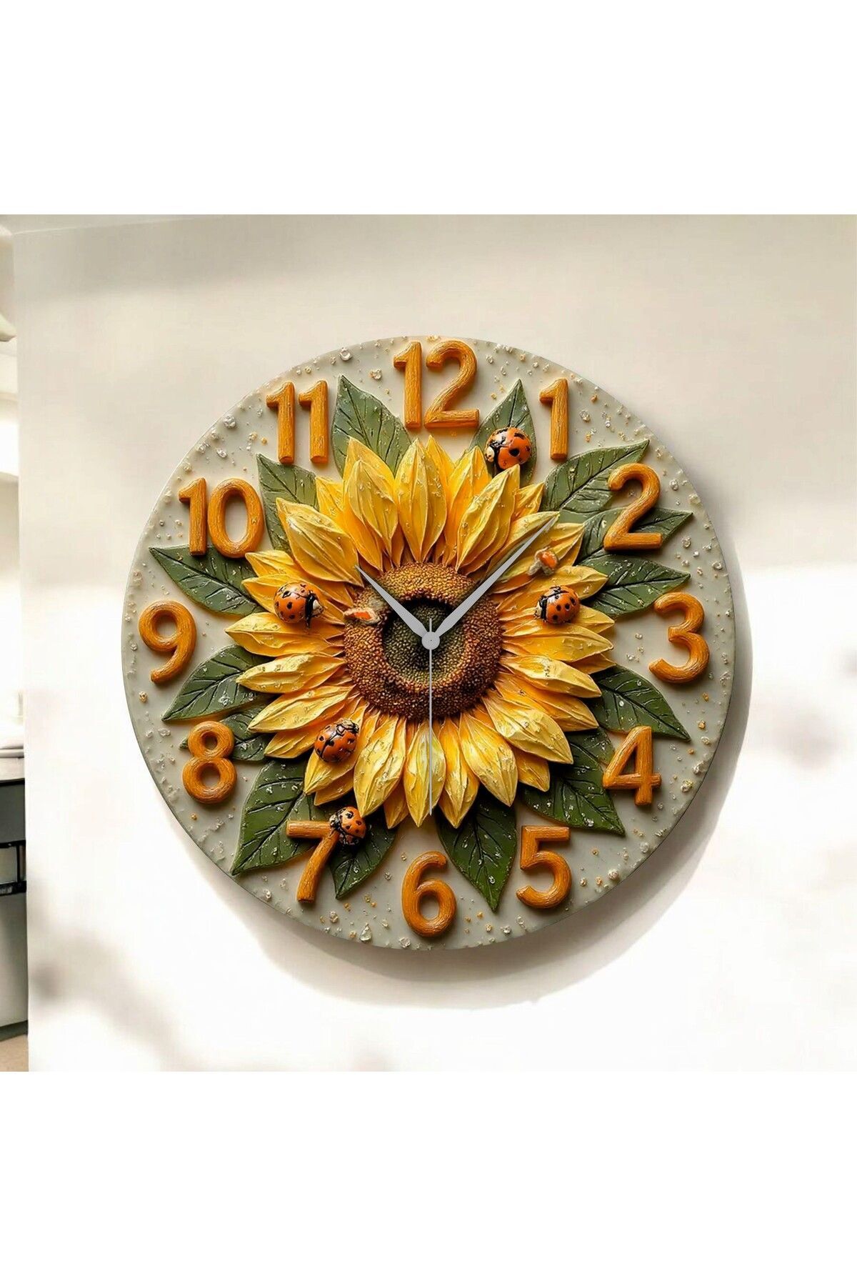 Renkli Baskı Ayçiçek Desenli Sayılı Hediyelik Ahşap Sessiz Duvar Saati 50cm