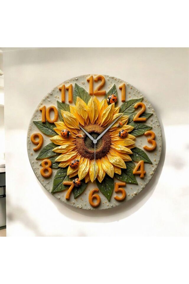 Renkli Baskı Ayçiçek Desenli Sayılı Hediyelik Ahşap Sessiz Duvar Saati 50cm
