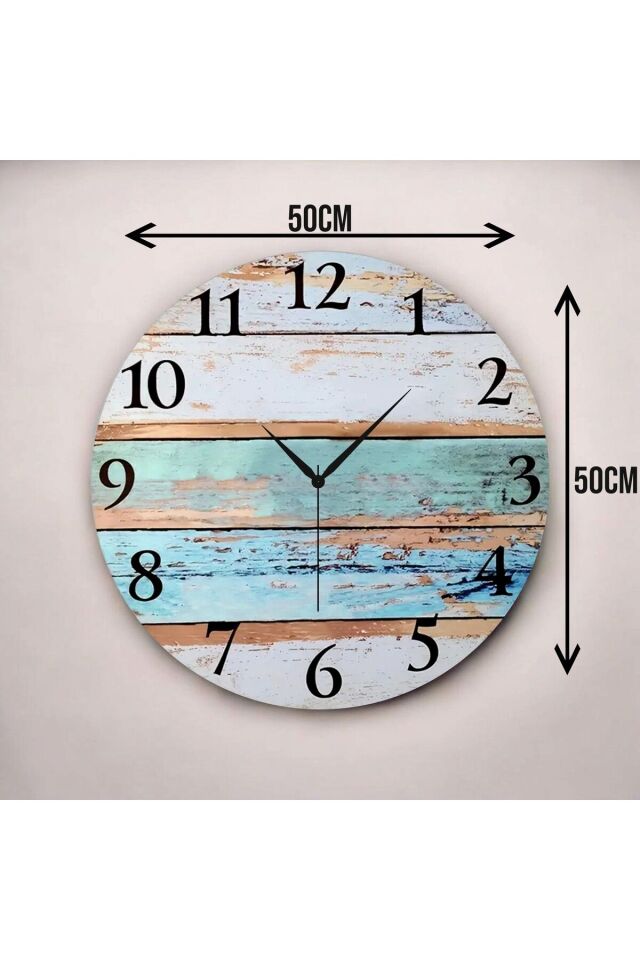 Renkli Baskı Desenli Sayılı Hediyelik Ahşap Sessiz Duvar Saati 50cm