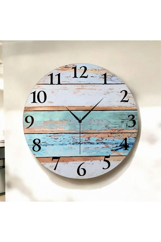 Renkli Baskı Desenli Sayılı Hediyelik Ahşap Sessiz Duvar Saati 50cm