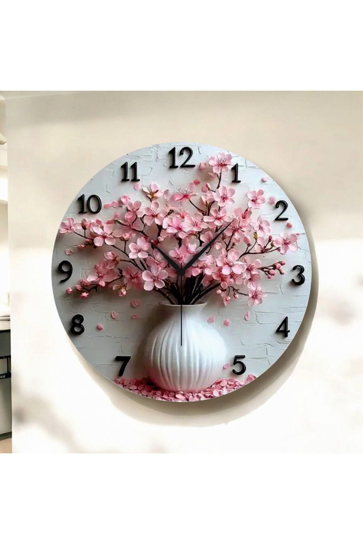 Renkli Baskı Çiçek Saksı Desenli Sayılı Hediyelik Ahşap Sessiz Duvar Saati 50cm