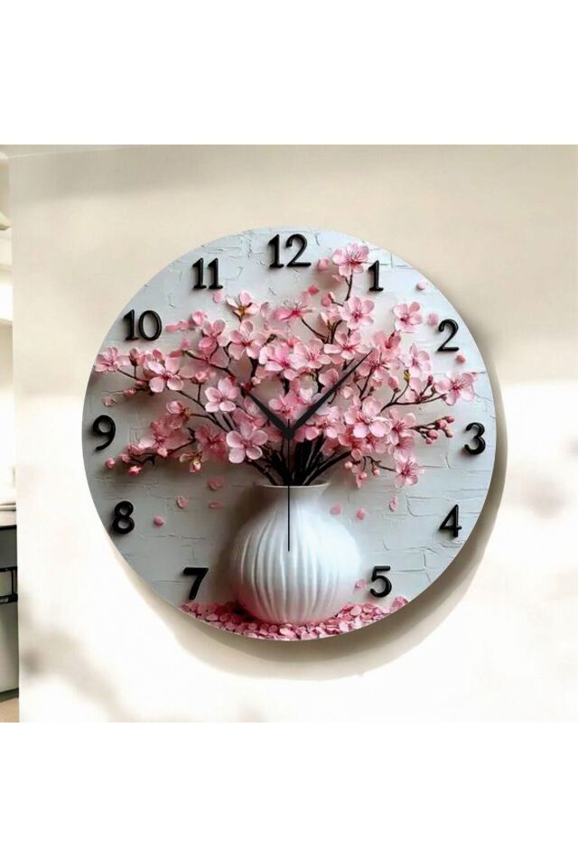 Renkli Baskı Çiçek Saksı Desenli Sayılı Hediyelik Ahşap Sessiz Duvar Saati 50cm