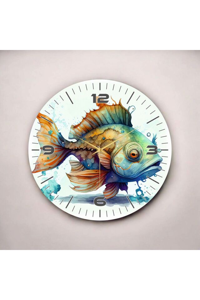 Renkli Baskı Balık Desenli Sayılı Hediyelik Ahşap Sessiz Duvar Saati 50cm