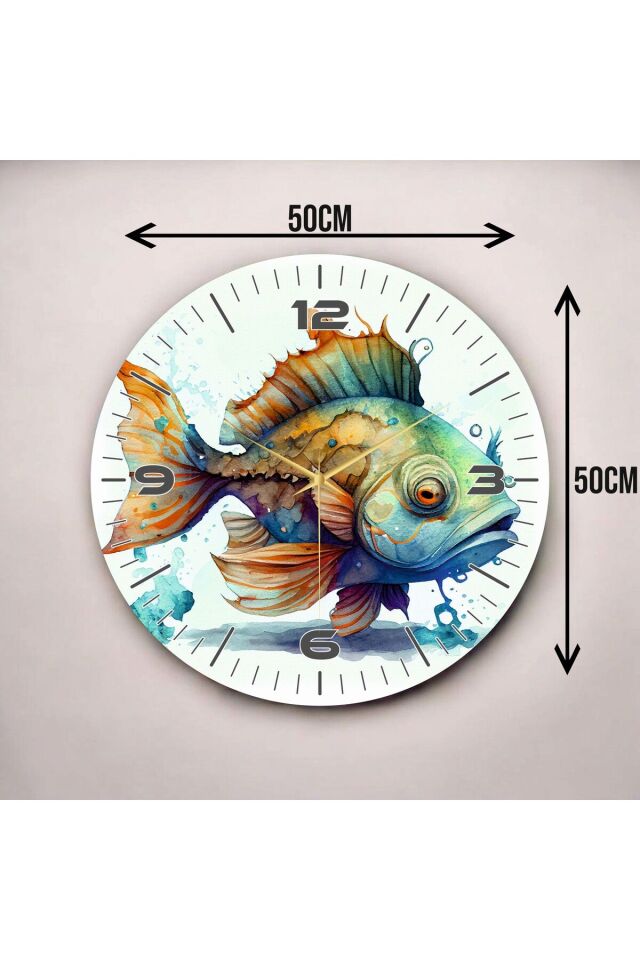 Renkli Baskı Balık Desenli Sayılı Hediyelik Ahşap Sessiz Duvar Saati 50cm