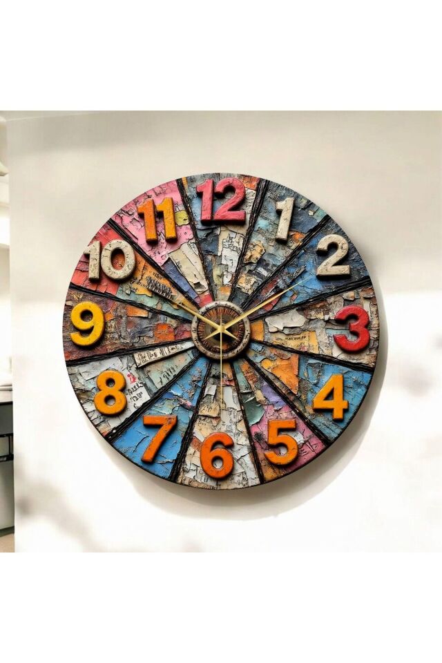 Renkli Baskı Desenli Sayılı Hediyelik Ahşap Sessiz Duvar Saati 50cm