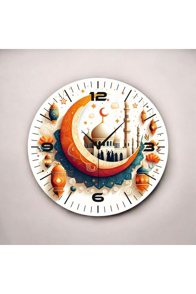 Renkli Baskı Dini Desenli Sayılı Hediyelik Ahşap Sessiz Duvar Saati 50cm
