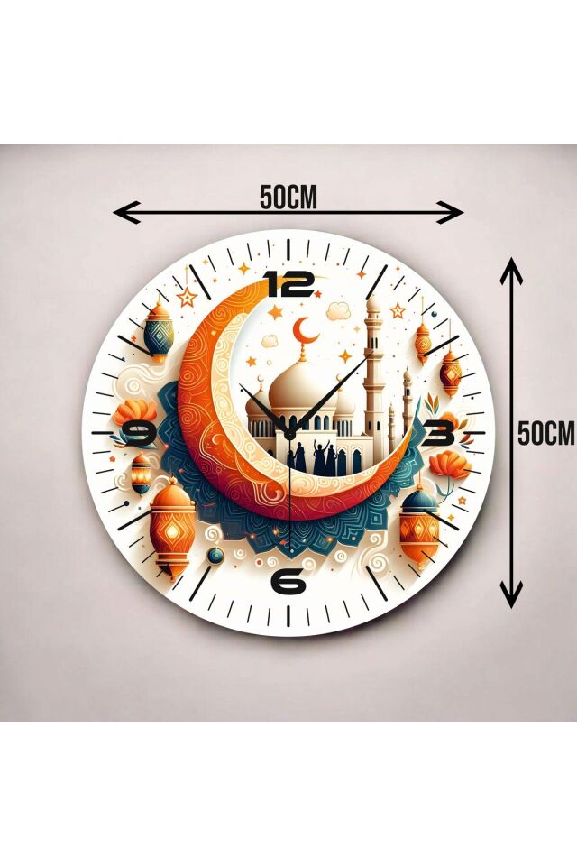 Renkli Baskı Dini Desenli Sayılı Hediyelik Ahşap Sessiz Duvar Saati 50cm