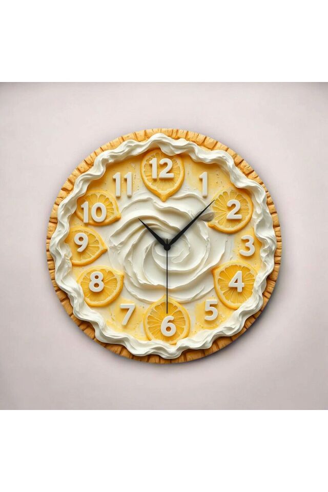 Renkli Baskı Pasta Limon Desenli Sayılı Hediyelik Ahşap Sessiz Duvar Saati 50cm