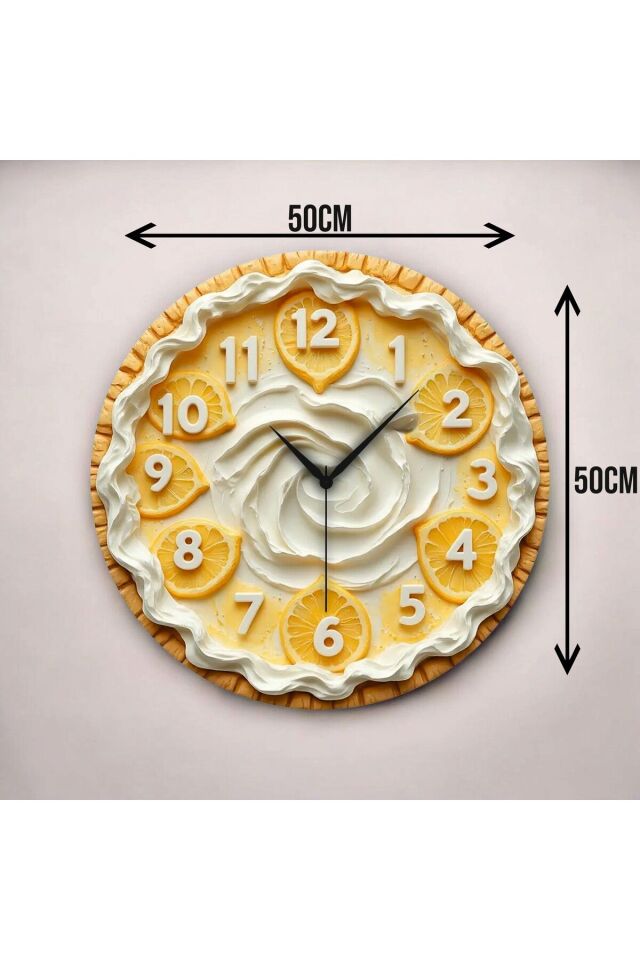 Renkli Baskı Pasta Limon Desenli Sayılı Hediyelik Ahşap Sessiz Duvar Saati 50cm