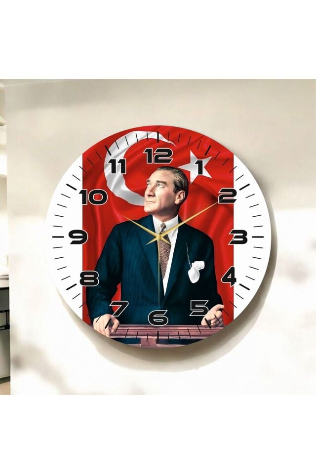 Renkli Baskı Atatürk Türk Bayrak Desenli Sayılı Hediyelik Ahşap Sessiz Duvar Saati 50cm