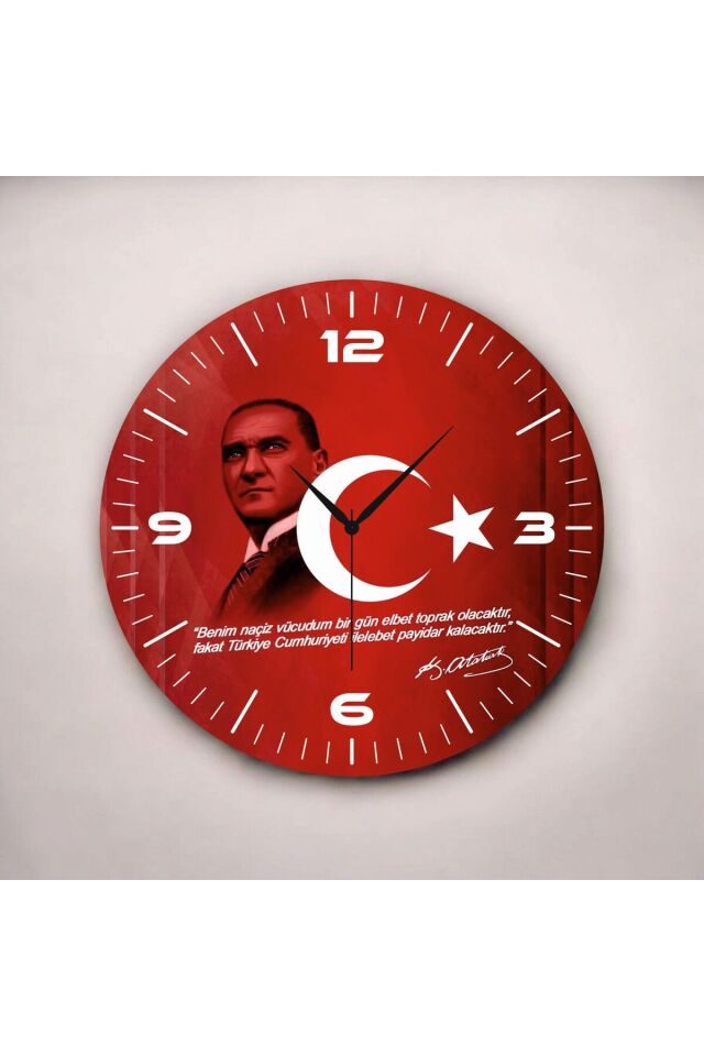 Renkli Baskı Atatürk Bayrak Desenli Sayılı Hediyelik Ahşap Sessiz Duvar Saati 50cm