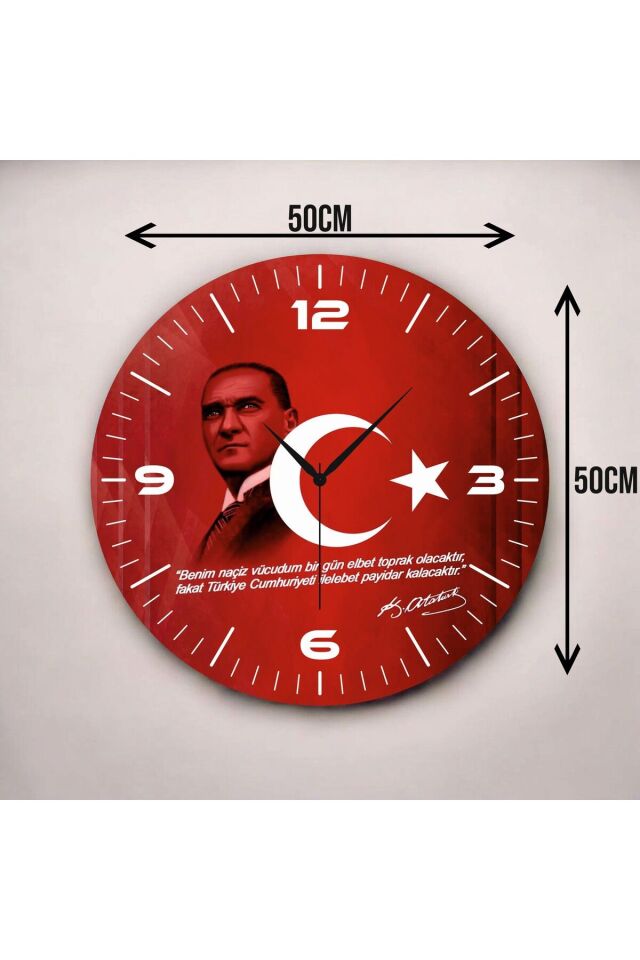 Renkli Baskı Atatürk Bayrak Desenli Sayılı Hediyelik Ahşap Sessiz Duvar Saati 50cm