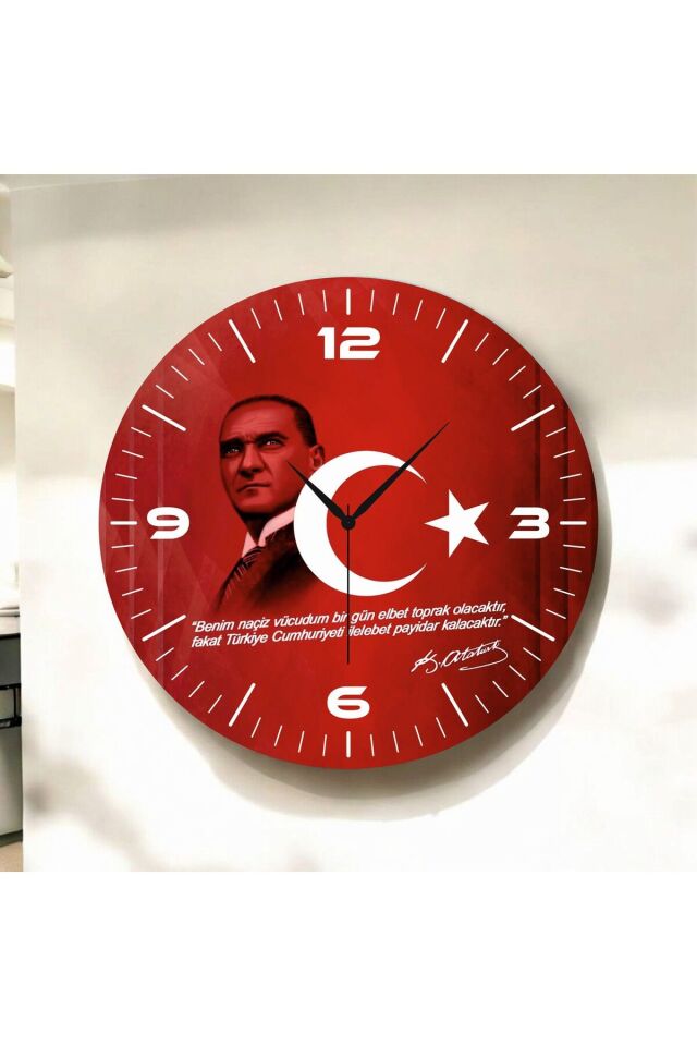 Renkli Baskı Atatürk Bayrak Desenli Sayılı Hediyelik Ahşap Sessiz Duvar Saati 50cm