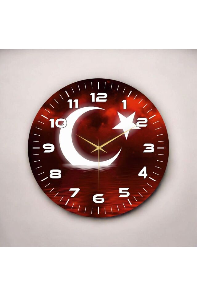 Renkli Baskı Türk Bayrak Desenli Sayılı Hediyelik Ahşap Sessiz Duvar Saati 50cm