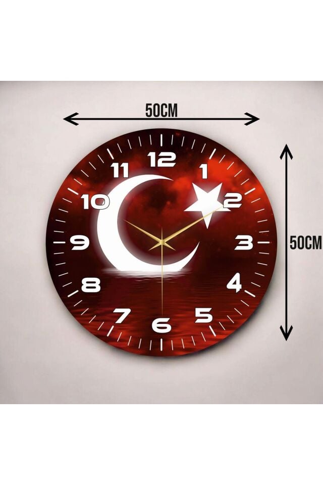 Renkli Baskı Türk Bayrak Desenli Sayılı Hediyelik Ahşap Sessiz Duvar Saati 50cm