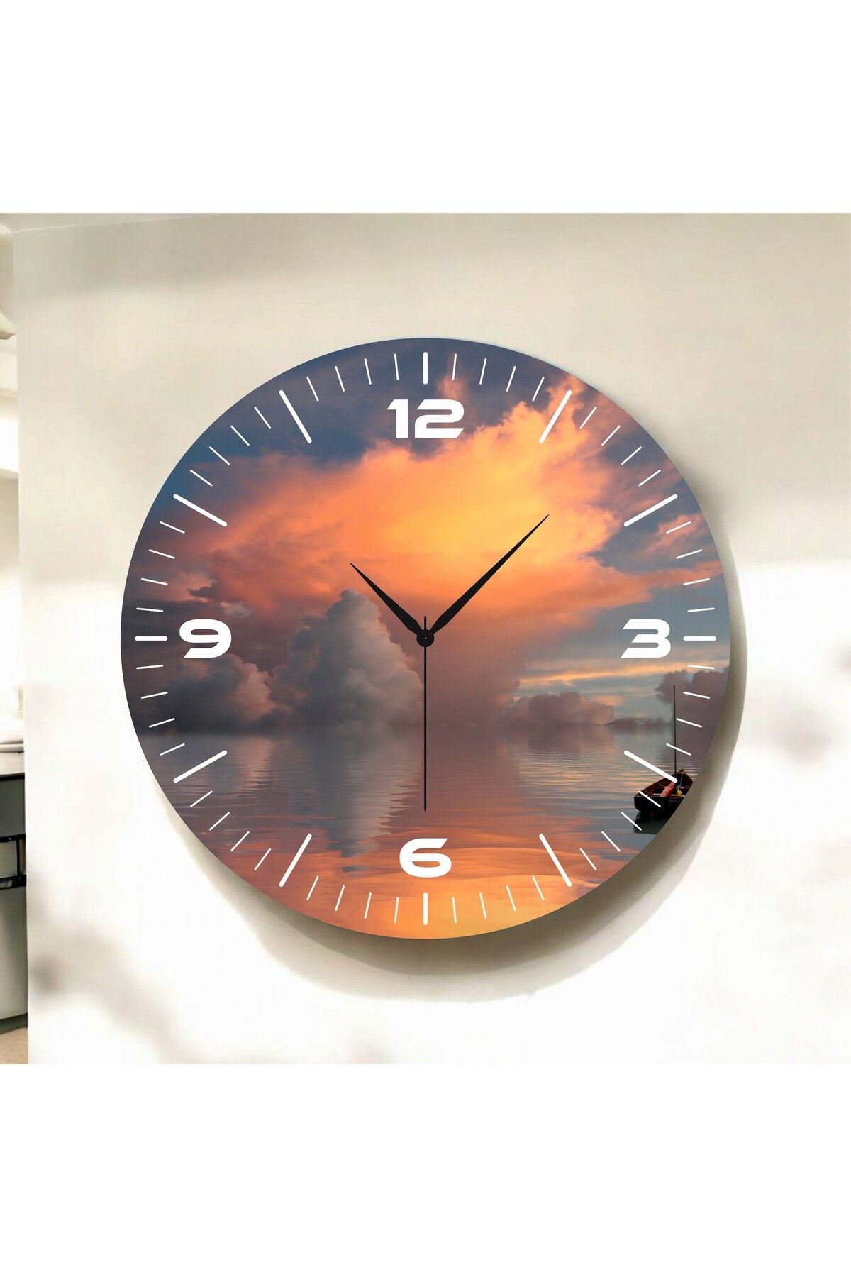 Renkli Baskı Doğa Desenli Sayılı Hediyelik Ahşap Sessiz Duvar Saati 50cm