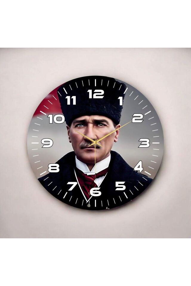 Renkli Baskı Atatürk Desenli Sayılı Hediyelik Ahşap Sessiz Duvar Saati 50cm