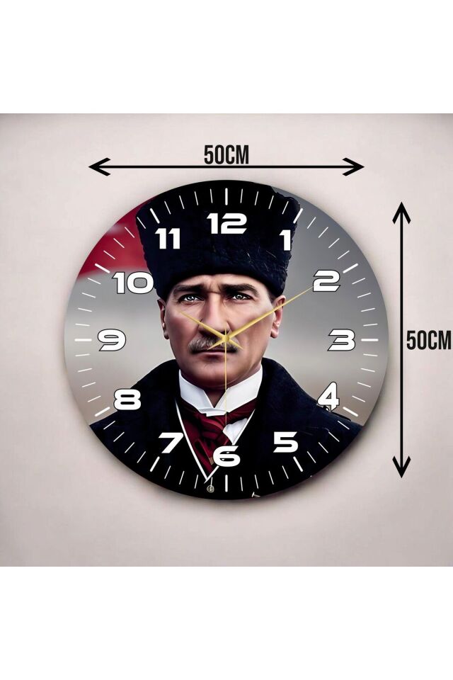 Renkli Baskı Atatürk Desenli Sayılı Hediyelik Ahşap Sessiz Duvar Saati 50cm