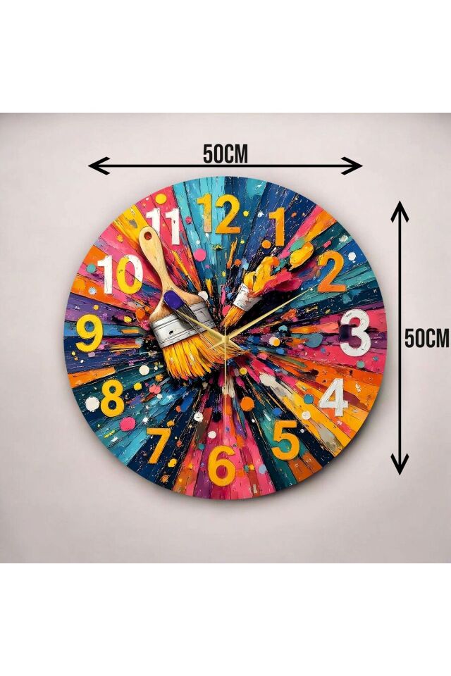 Renkli Baskı Desenli Sayılı Hediyelik Ahşap Sessiz Duvar Saati 50cm