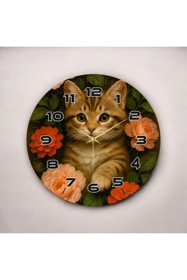 Renkli Baskı Kedi Çiçek Desenli Sayılı Hediyelik Ahşap Sessiz Duvar Saati 50cm