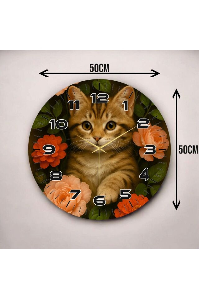 Renkli Baskı Kedi Çiçek Desenli Sayılı Hediyelik Ahşap Sessiz Duvar Saati 50cm