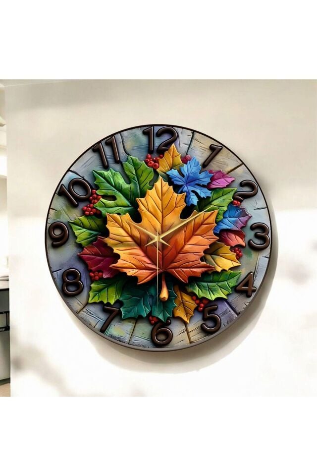 Renkli Baskı Yaprak Desenli Sayılı Hediyelik Ahşap Sessiz Duvar Saati 50cm