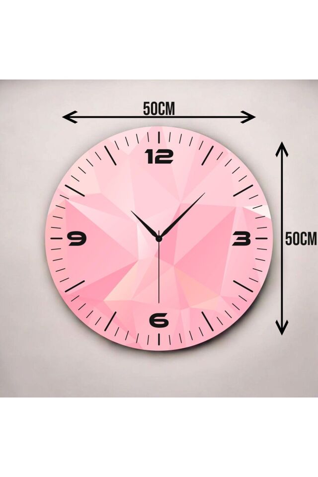 Pembe Renkli Baskı Desenli Sayılı Hediyelik Ahşap Sessiz Duvar Saati 50cm