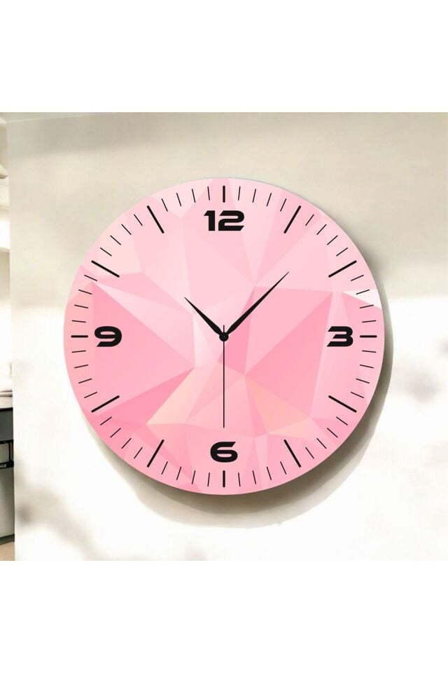 Pembe Renkli Baskı Desenli Sayılı Hediyelik Ahşap Sessiz Duvar Saati 50cm