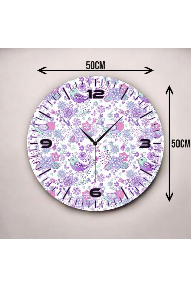 Renkli Baskı Çiçek Kuş Desenli Sayılı Hediyelik Ahşap Sessiz Duvar Saati 50cm