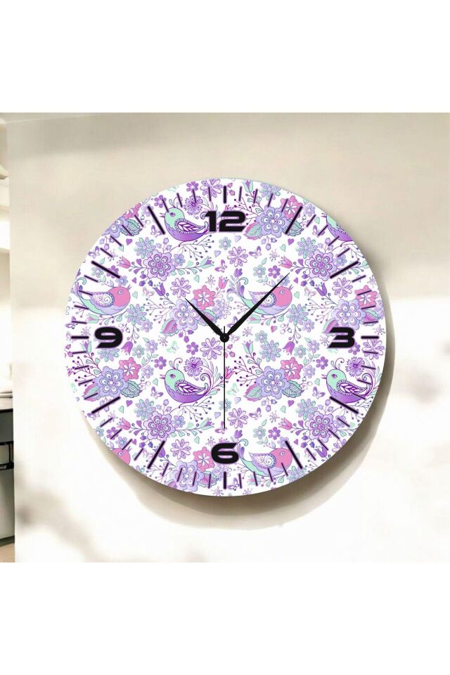 Renkli Baskı Çiçek Kuş Desenli Sayılı Hediyelik Ahşap Sessiz Duvar Saati 50cm