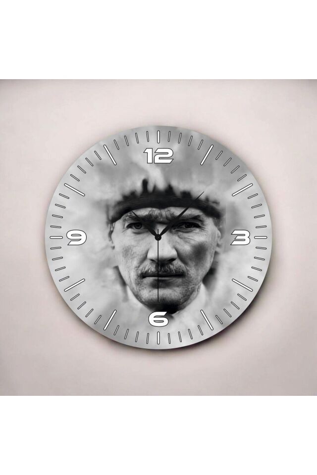 Renkli Baskı Atatürk Desenli Sayılı Hediyelik Ahşap Sessiz Duvar Saati 50cm