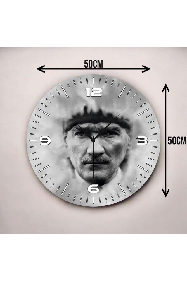 Renkli Baskı Atatürk Desenli Sayılı Hediyelik Ahşap Sessiz Duvar Saati 50cm