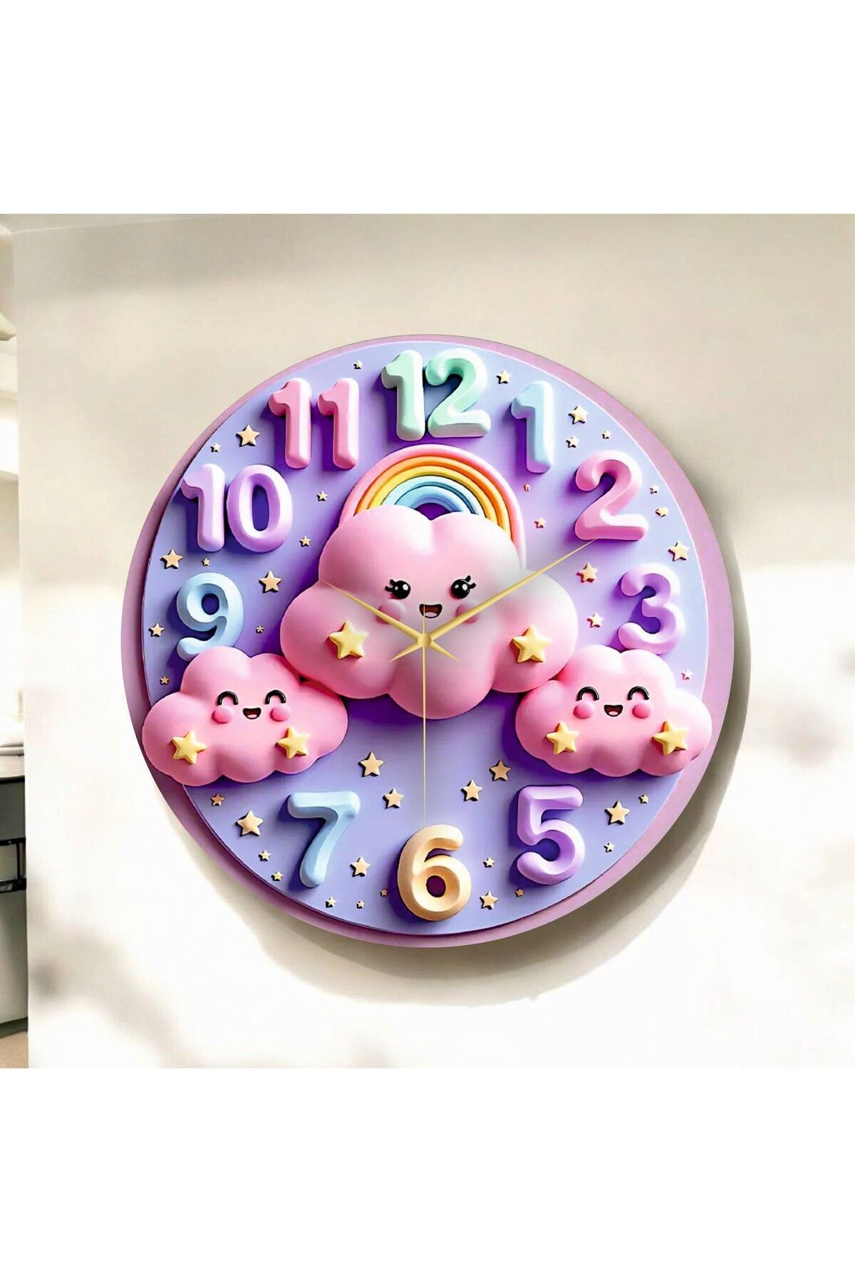 Renkli Baskı Bulut Çocuk Desenli Sayılı Hediyelik Ahşap Sessiz Duvar Saati 50cm